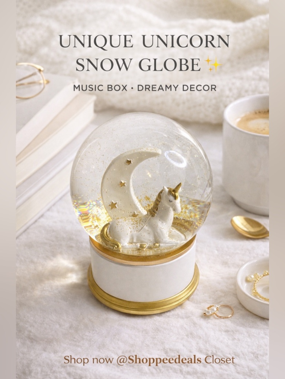 Unicorn Snow Globe Music Box White Gold Moon Stars Glitter